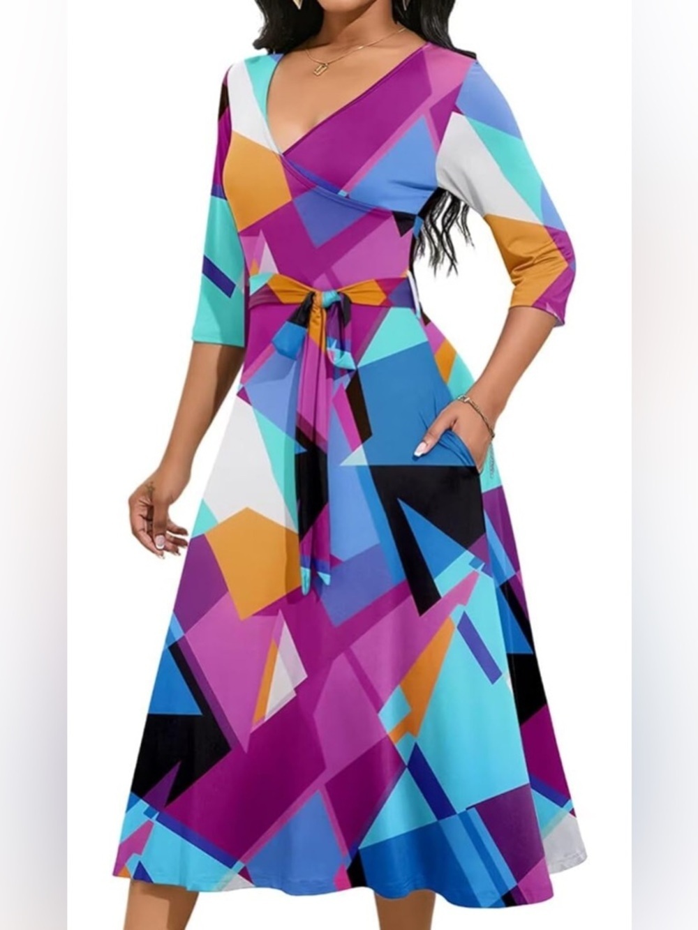 New-Small Vibrant Geometric Wrap Midi Dress - Multi colored 
NO BELT INCLUDED - Picture 6 of 8